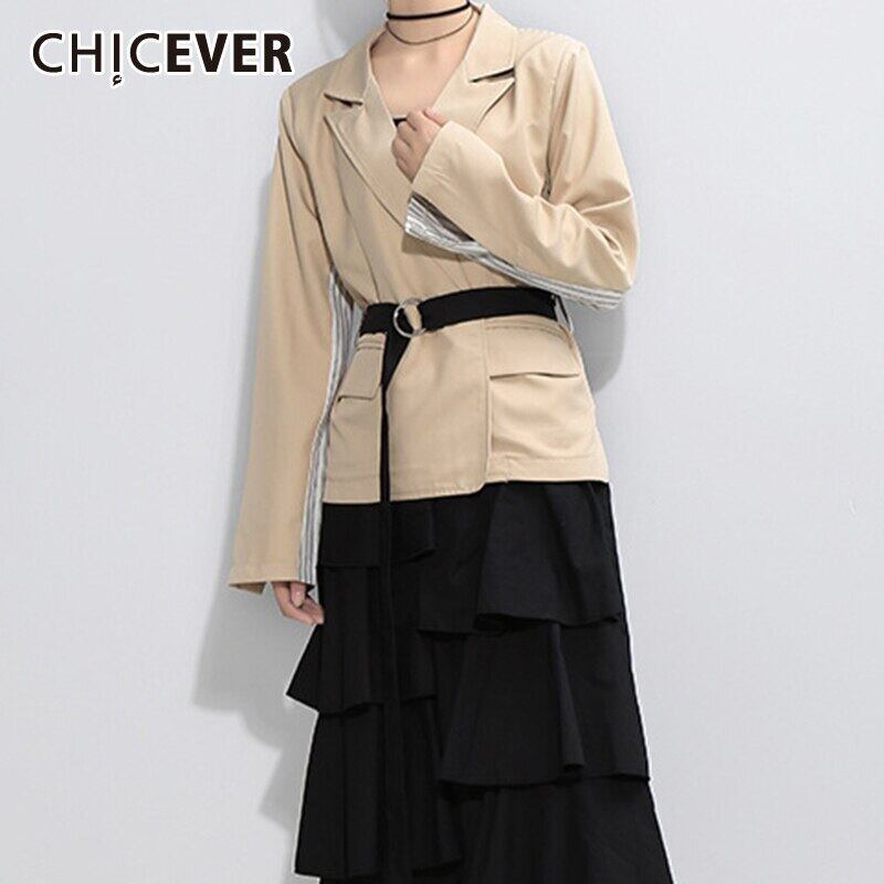 CHICEVERパッチワークストライプレディースブレザーノッチ付き長袖ウエストサッシヒットカラーブレザー2020秋 ロング オータム 秋物 6base56227785117
