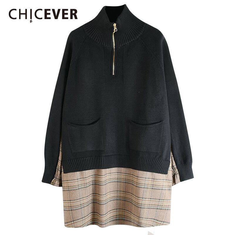 CHICEVERセーター女性タートルネック長袖チェック柄ヒットカラールーズオーバーサイズニットプルオーバー2020 ロング 6base560005200512