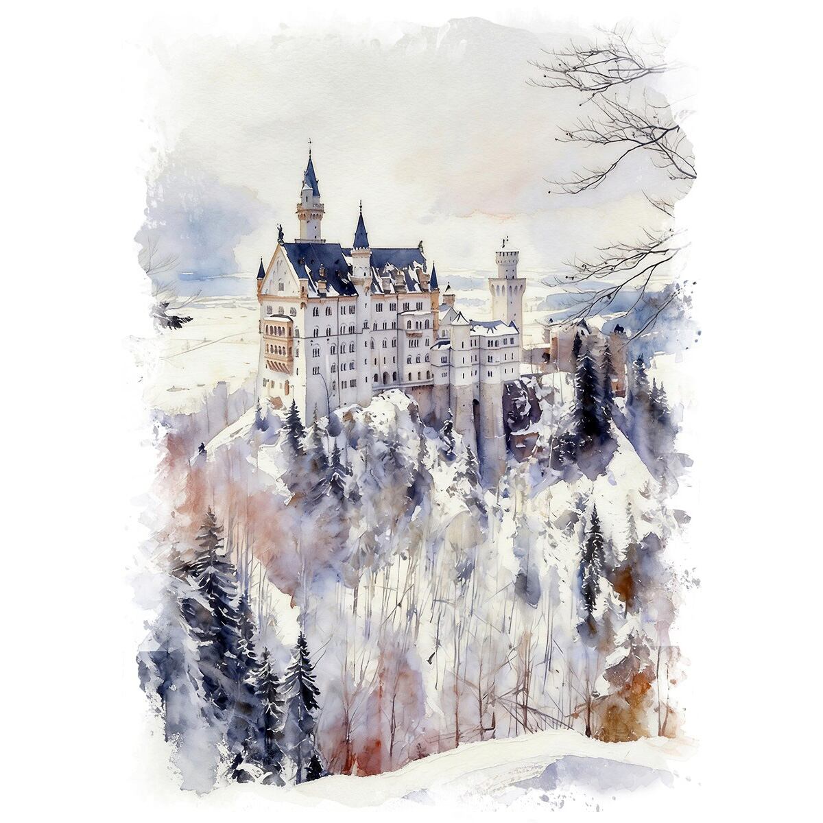 絵画 風景画(街並み) 冬 雪のドイツ ノイシュバンシュタイン城 インテリアアート額付き 水彩画・油絵調 WAT0588