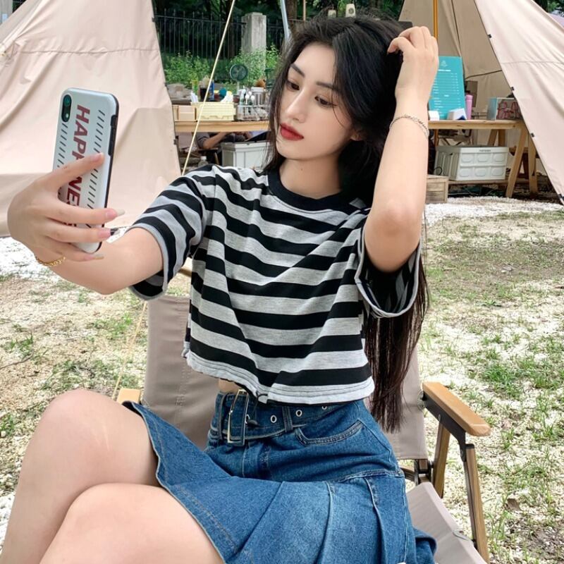 サマーストライプショートルーズTシャツ トップス 夏物 ハンチェンe58665368403