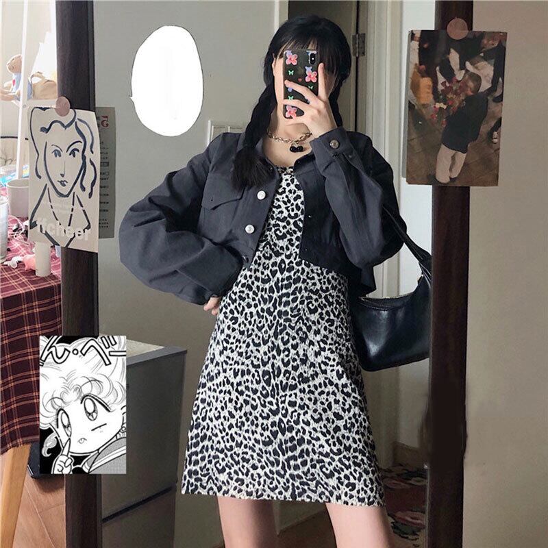 スタンダードスタイルレオパードプリント柄ドレス スプリングウェスト薄手Aラインスカート レトロ 春物 萌量不足66561399083