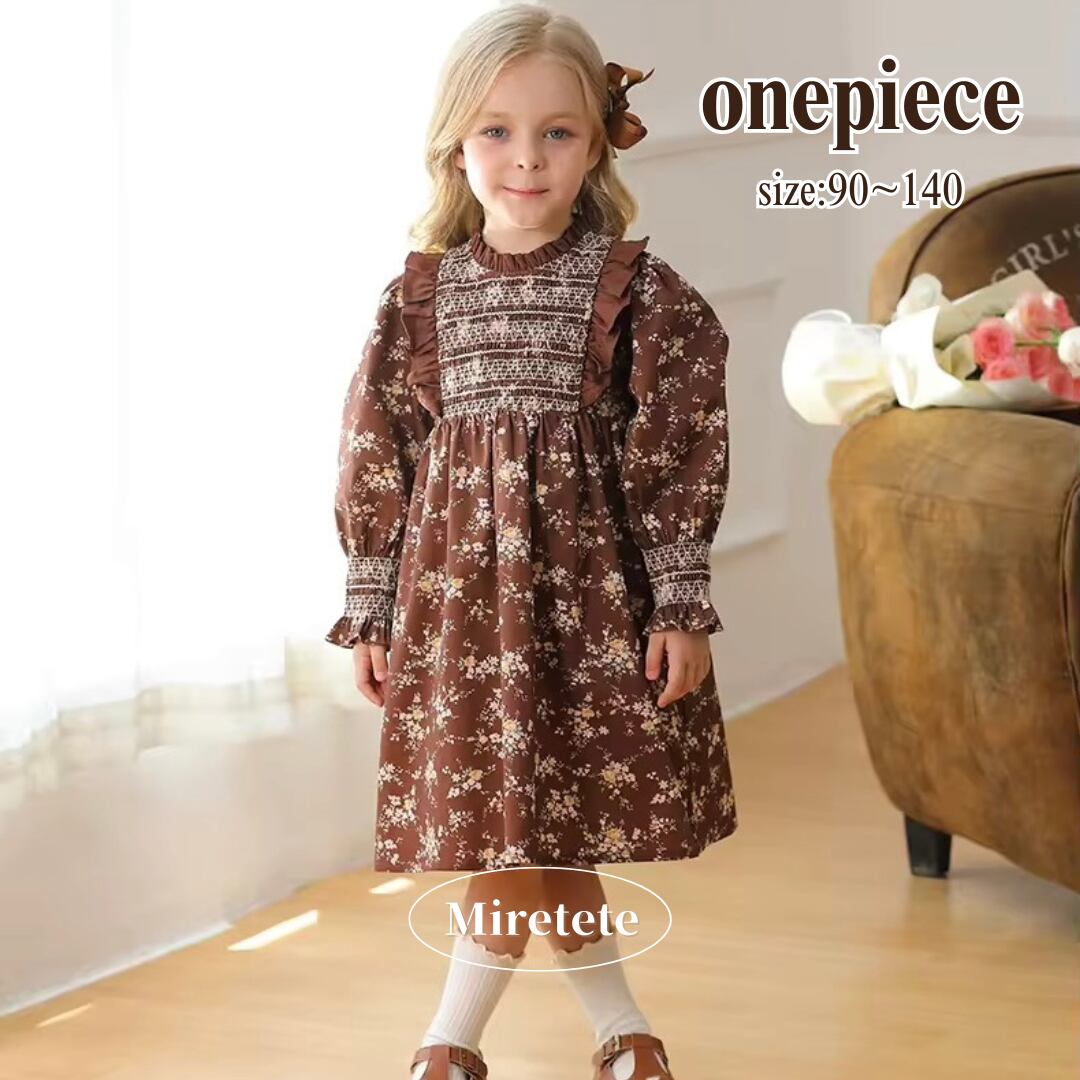 【取寄】たっぷりスモッキングが高見えする英国風フリル花柄ワンピース