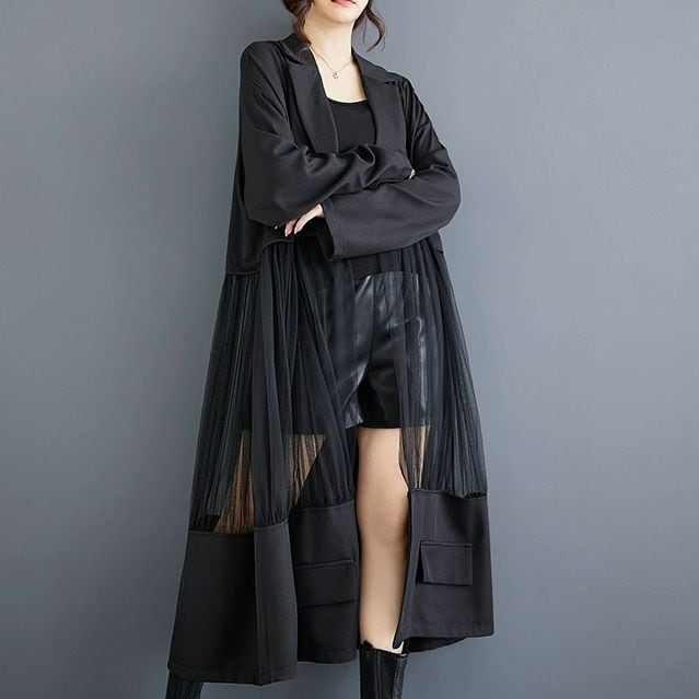 MESH STITCH A-LINE V-NECK LONG JACKET 2colors M-10635 | Magniraff