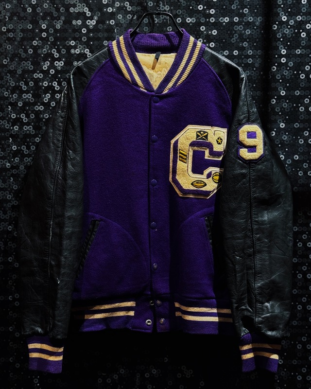 【ÆIEM】Vintage “C / No.9” Multi Sports Chenille Patch Purple Wool × Black Genuine Leather Sleeve Varsity Jacket