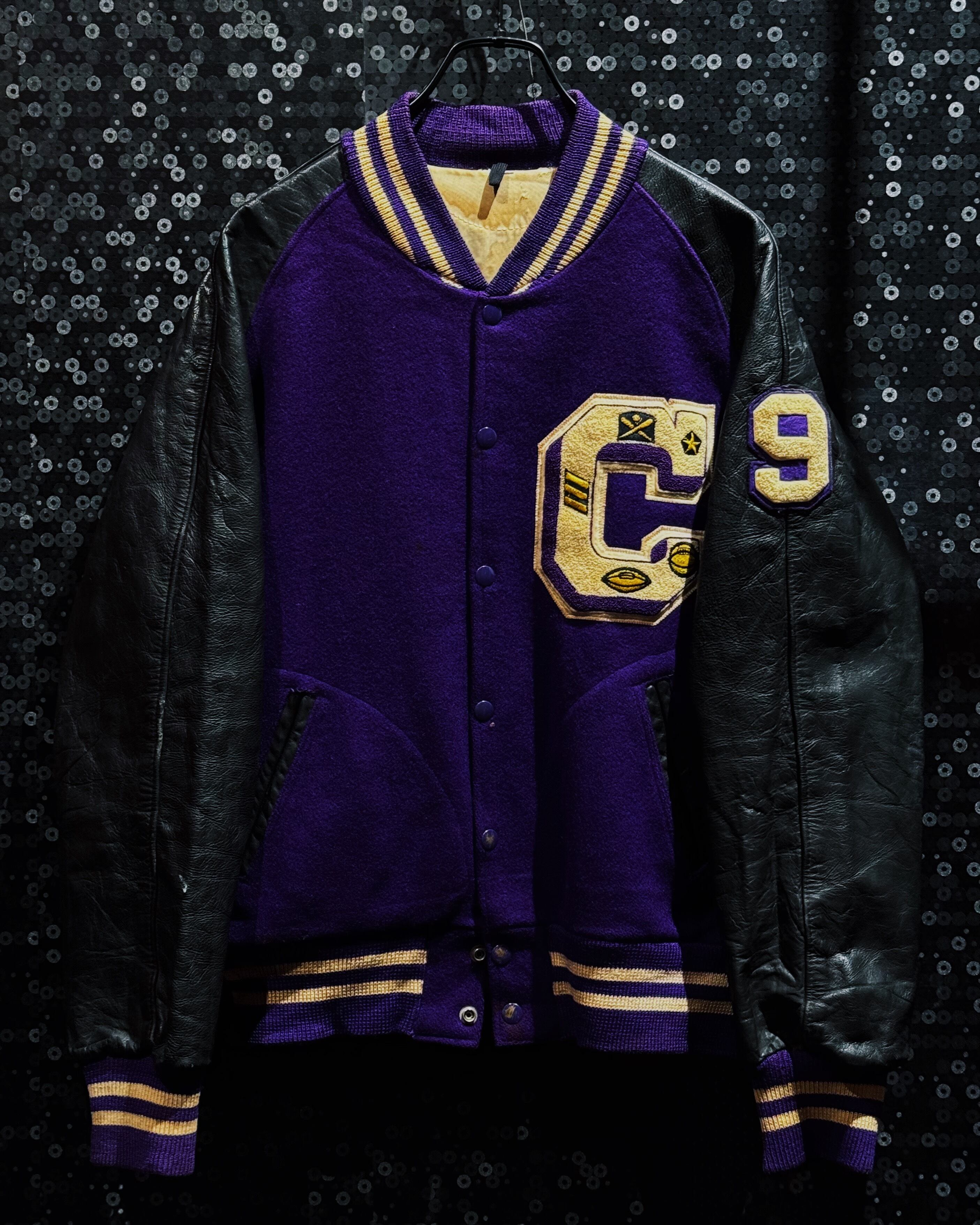 【ÆIEM】Vintage “C / No.9” Multi Sports Chenille Patch Purple Wool × Black Genuine Leather Sleeve Varsity Jacket