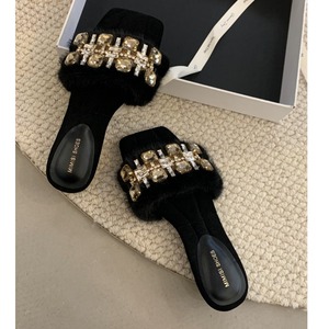 crystal embellished faux fur slide sandals(3color)＜s3198＞