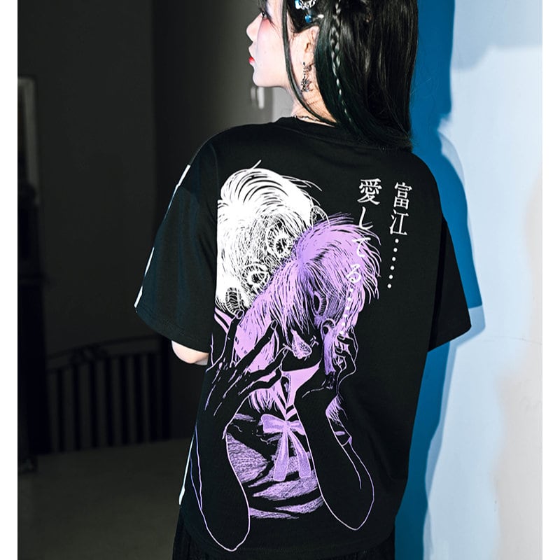 再入荷 天使と悪魔 古怪舎 サブカル服 伊藤潤二 コラボ 富江柄 Tシャツ 半袖 サブカル系 漫画 サブカル 中華服 チャイナ服 控えめ 普段使い