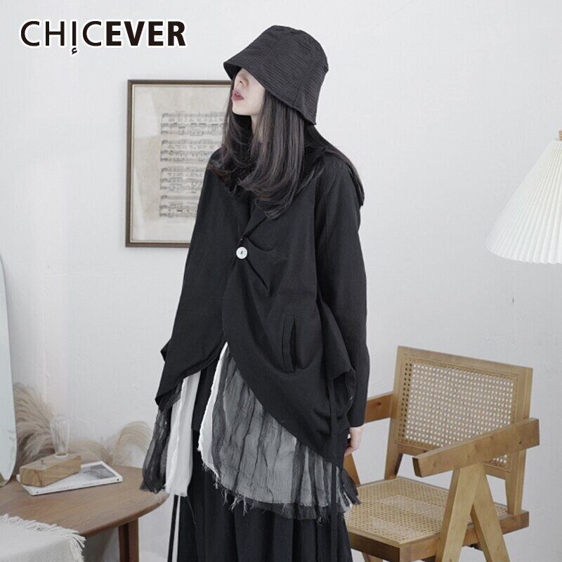 CHICEVERブラックブレザーレディースノッチ付き長袖パッチワークメッシュ裾ストリートウェアコート2020秋の服 ロング オータム 秋物 6base545103279703