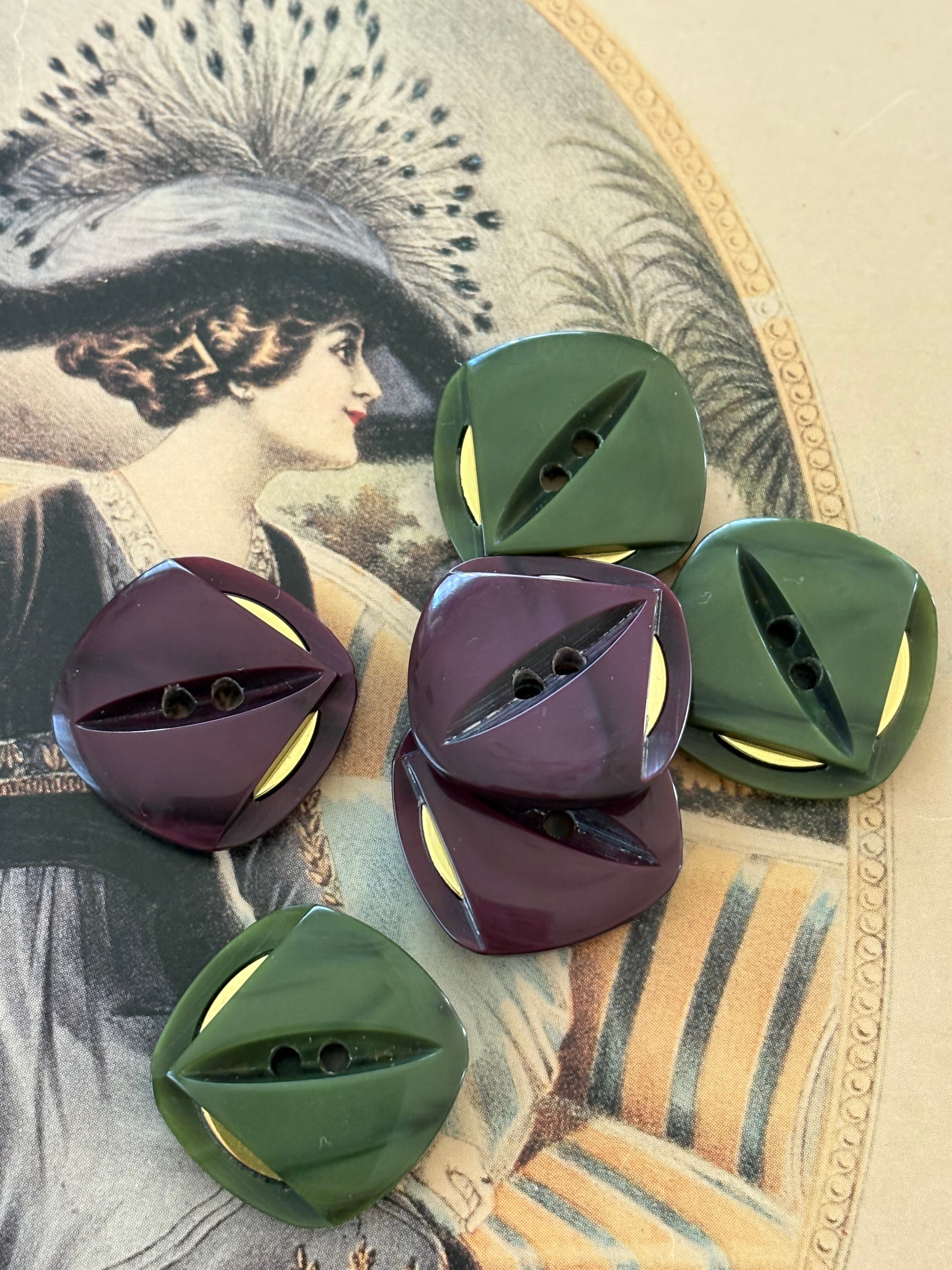 Japanese Vintage ボタン 20mm プラスチックボタン パープル/カーキ ×ゴールド スクウェア 昭和レトロ アクセサリーパーツ 装飾材 カルトナージュ