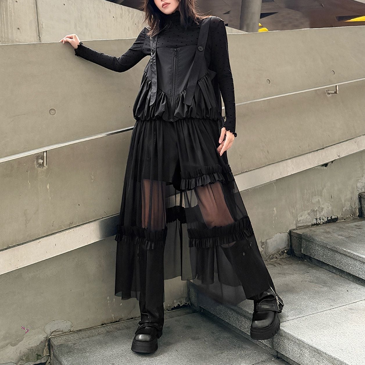 BLACK FRILL LINED MESH A-LINE LONG STRAP JUMPER DRESS 1color M-16089