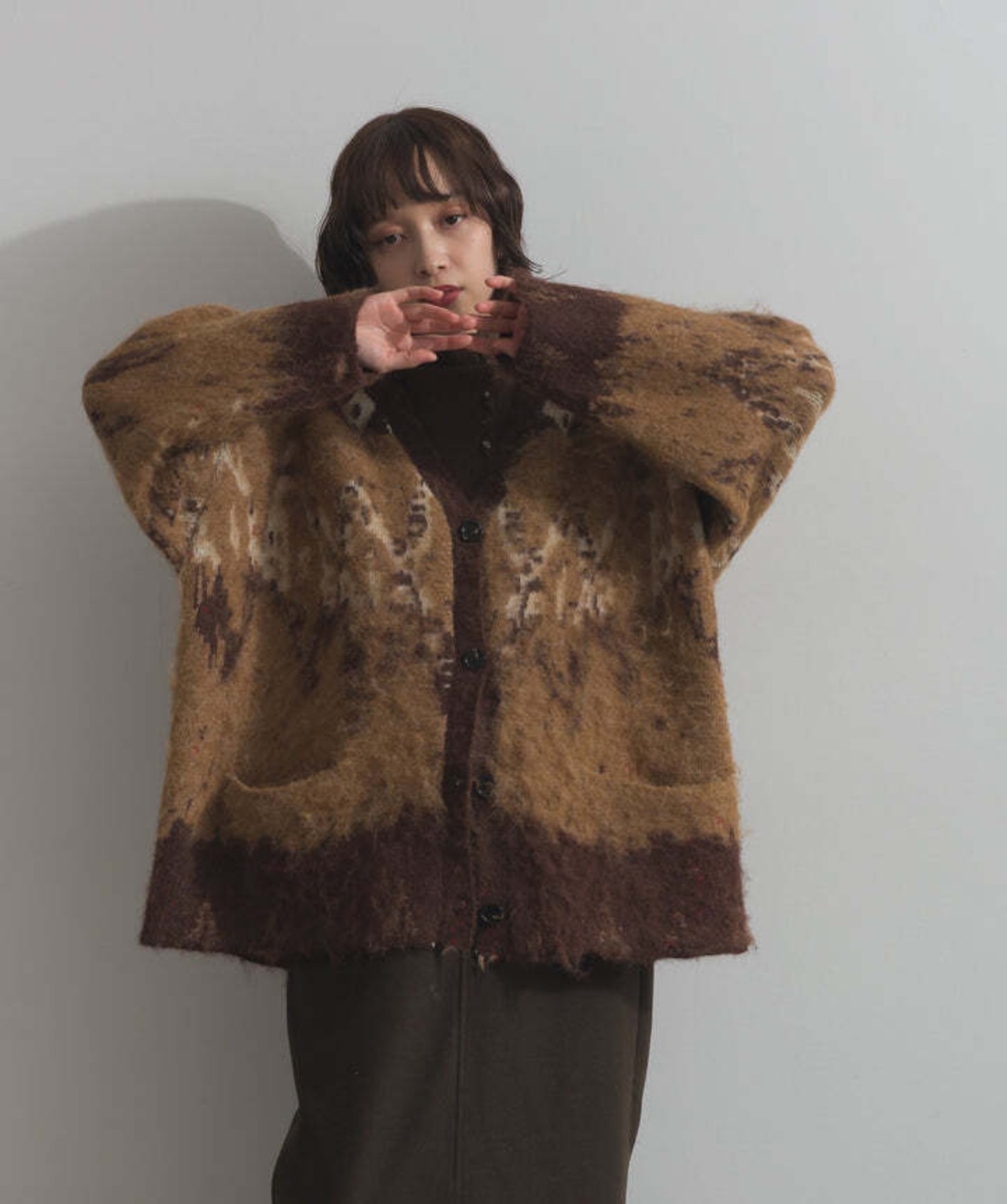 HD2510043 ノルディック柄シャギーニットカーディガン brown