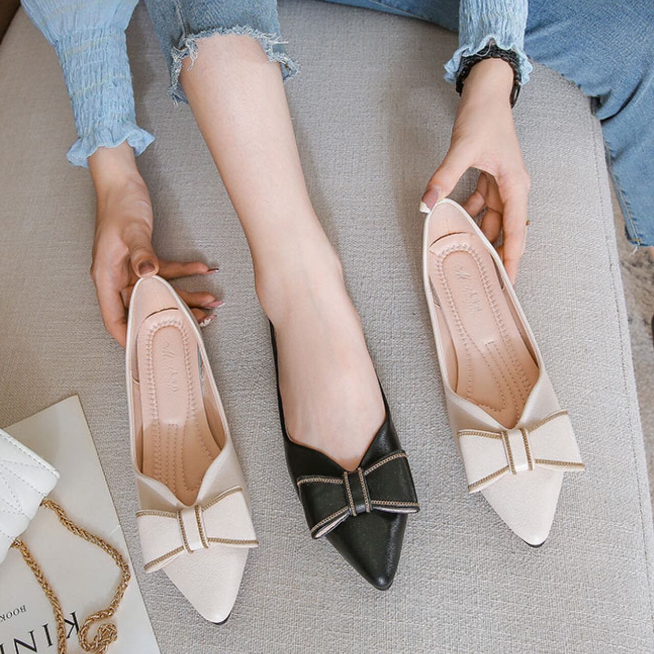 フラットリボンポインテッドトゥパンプス A0131