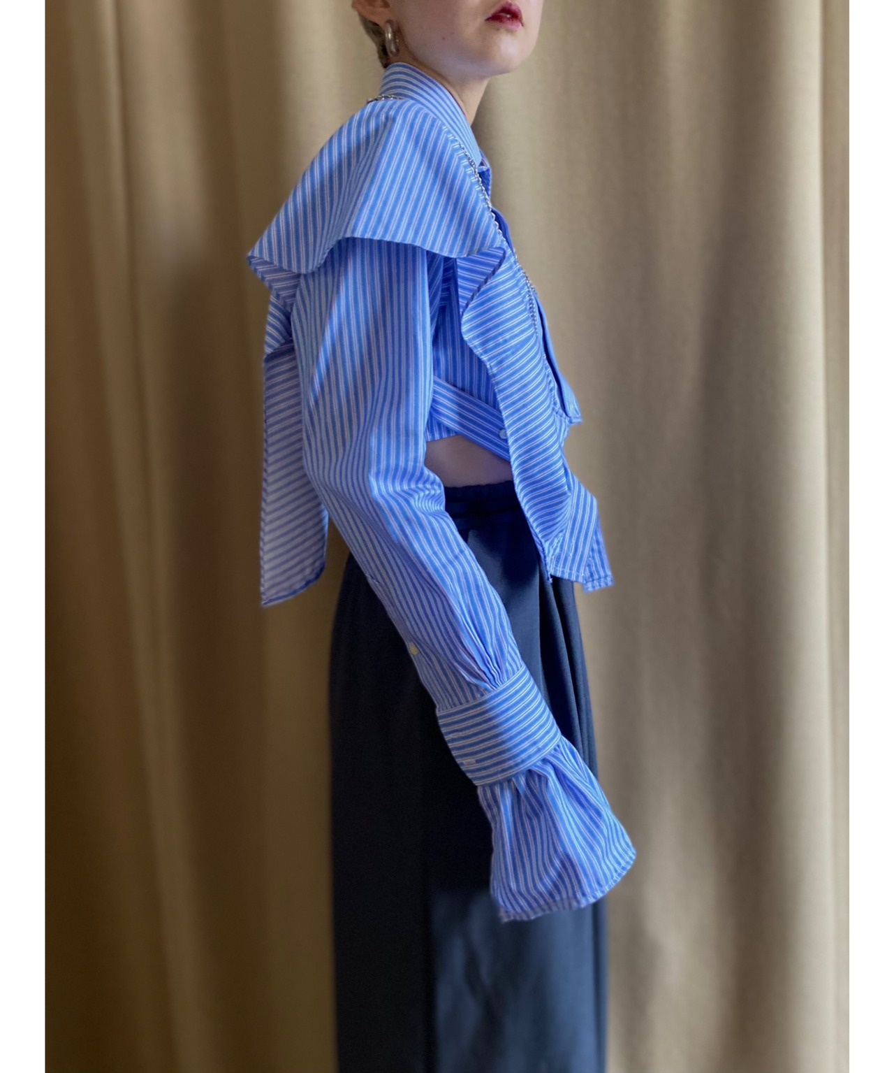 blue stripe frill remake shirt-3960-1