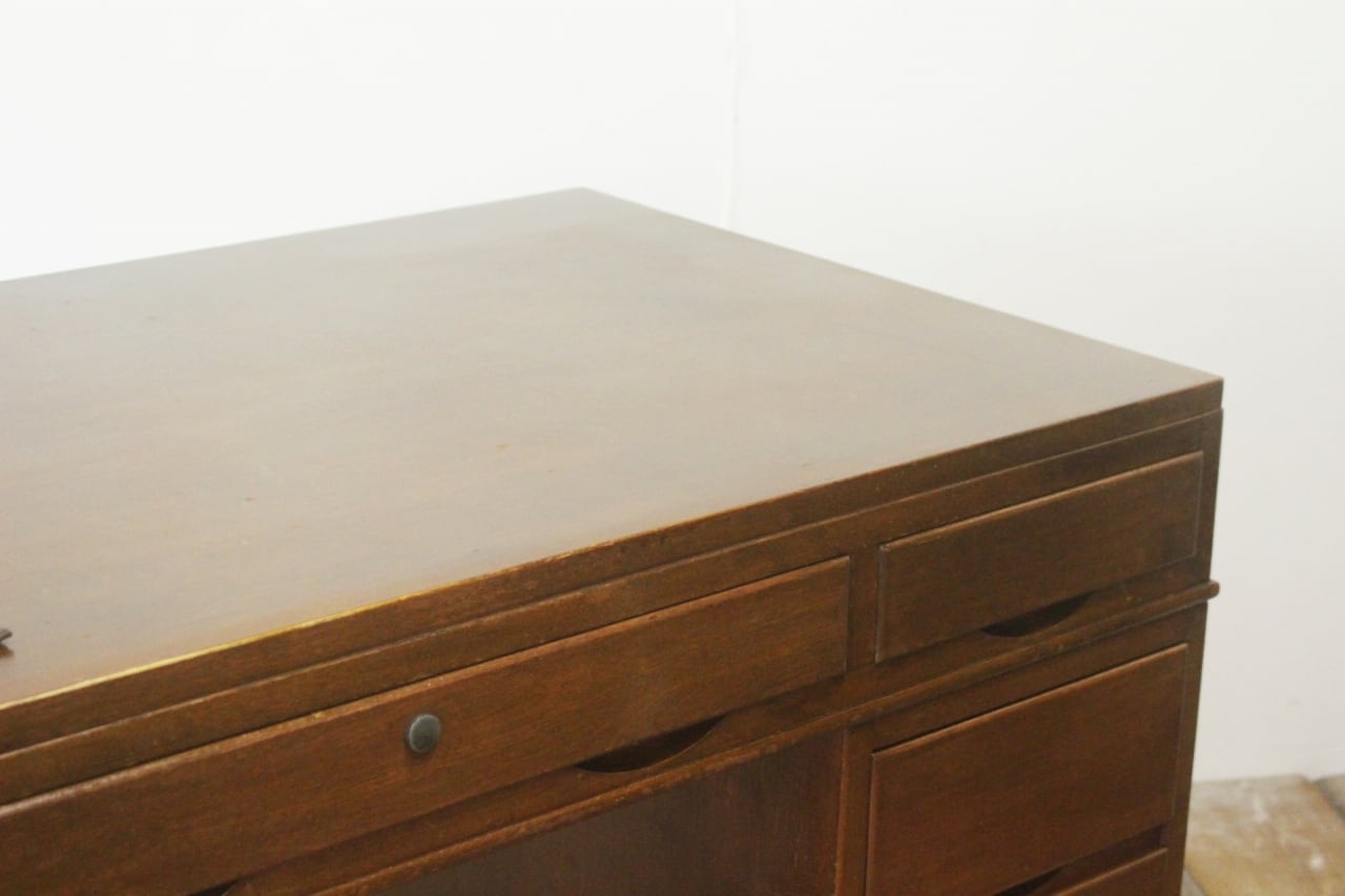 レトロ 両袖デスク 机 書斎 作業台 引き出し 抽斗 9杯 分割可能