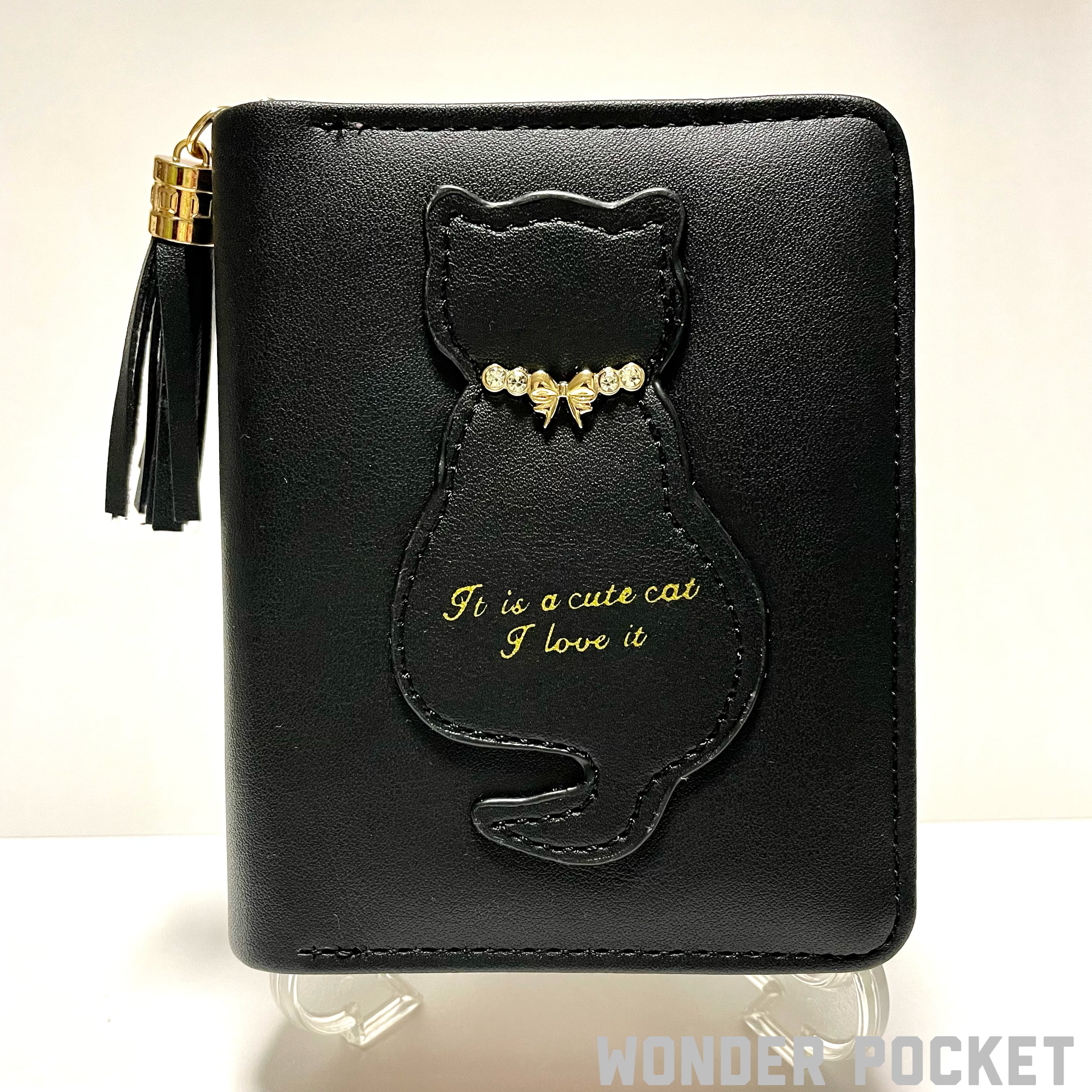 ビジューな黒猫のシルエットの二つ折財布 | WONDER POCKET