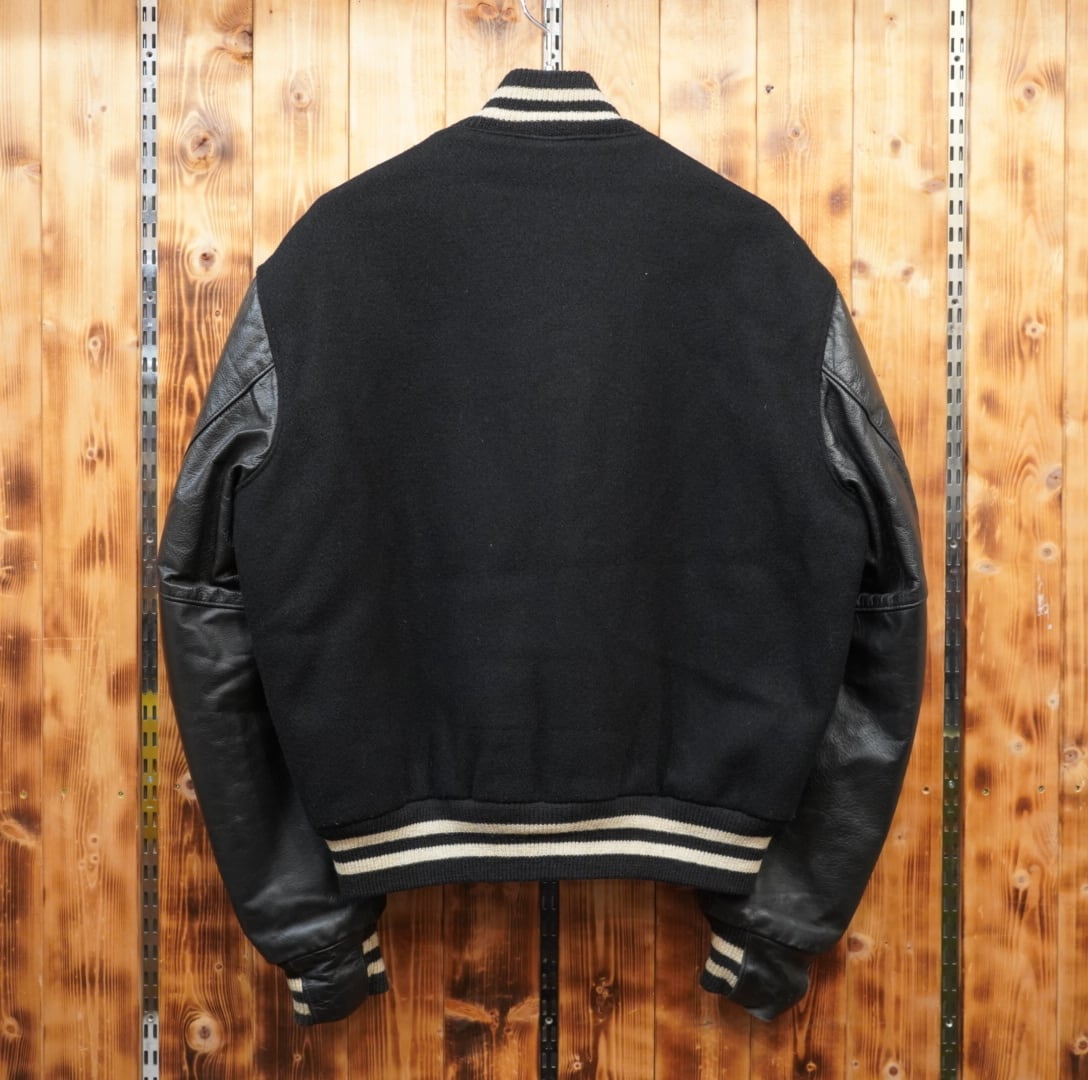 70s80s golden bear 袖レザースタジャン 黒白 L/usa製 無地 ゴールデン
