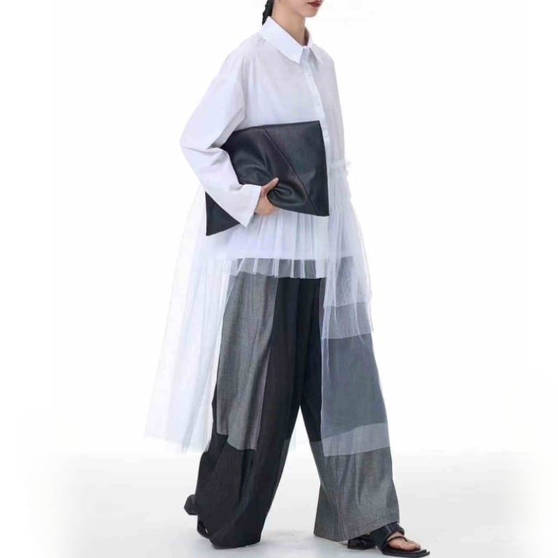 Asymmetry tulle frill shirt 2 colors V2005