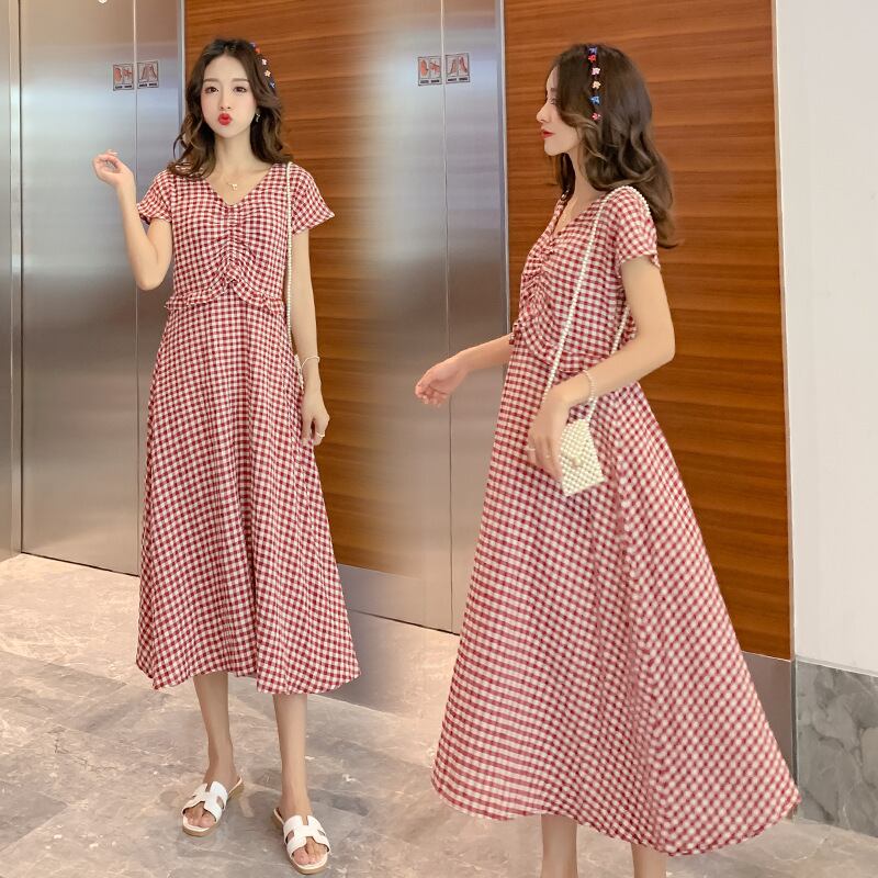 【新作】【送料無料】 マタニティウェア2020夏の新しい綿とリネンのチェック柄Vネックドレス小さな新鮮なミドル丈ドレス妊婦-アリババ コットン サマー 夏物 expec239960983117