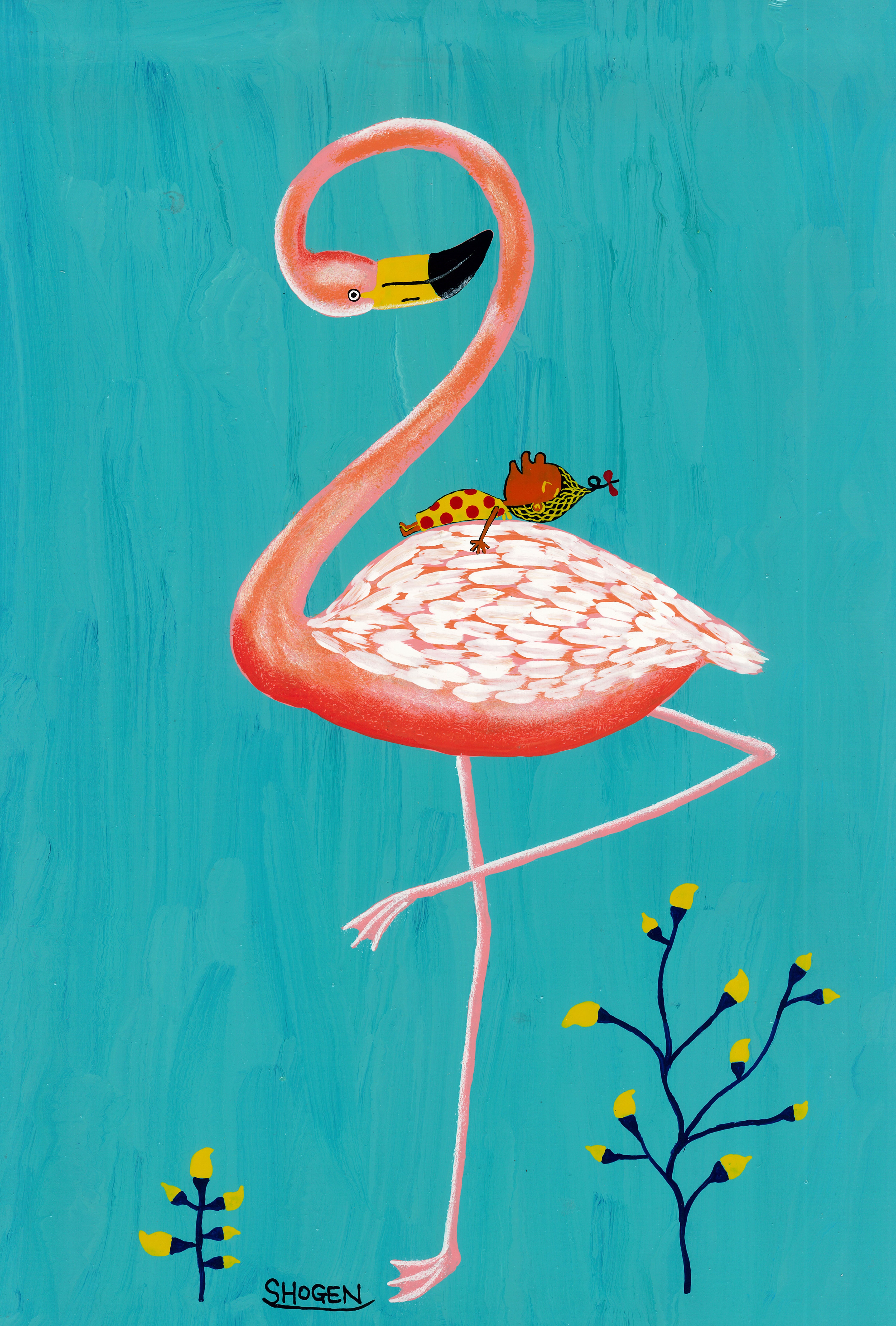 「ザイちゃんを寝かしつけるフラミンゴ」キャンバス地レプリカ(A3サイズ)