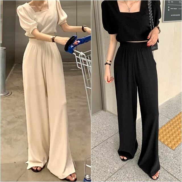 【予約販売】セットアップ レディース 上下2点セット パフスリーブ 無地 ベージュ ブラック スリット ワイドパンツ ハイウエスト ショート丈 半袖 美ライン 体型カバー こなれ感 大人可愛い 楽ちん 旅行 韓国 春 夏 秋 トレンド フリー
