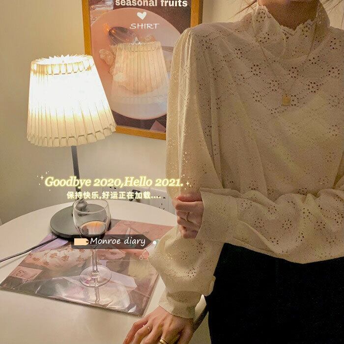 ホワイトレースシャツ オータムウィンターメッシュシフォントップス 秋物 冬物 モンロー52717307044