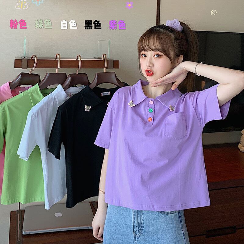 カラーボタンショートTシャツ サマーカジュアルルーズトップス 夏物 萌量不足98460340100