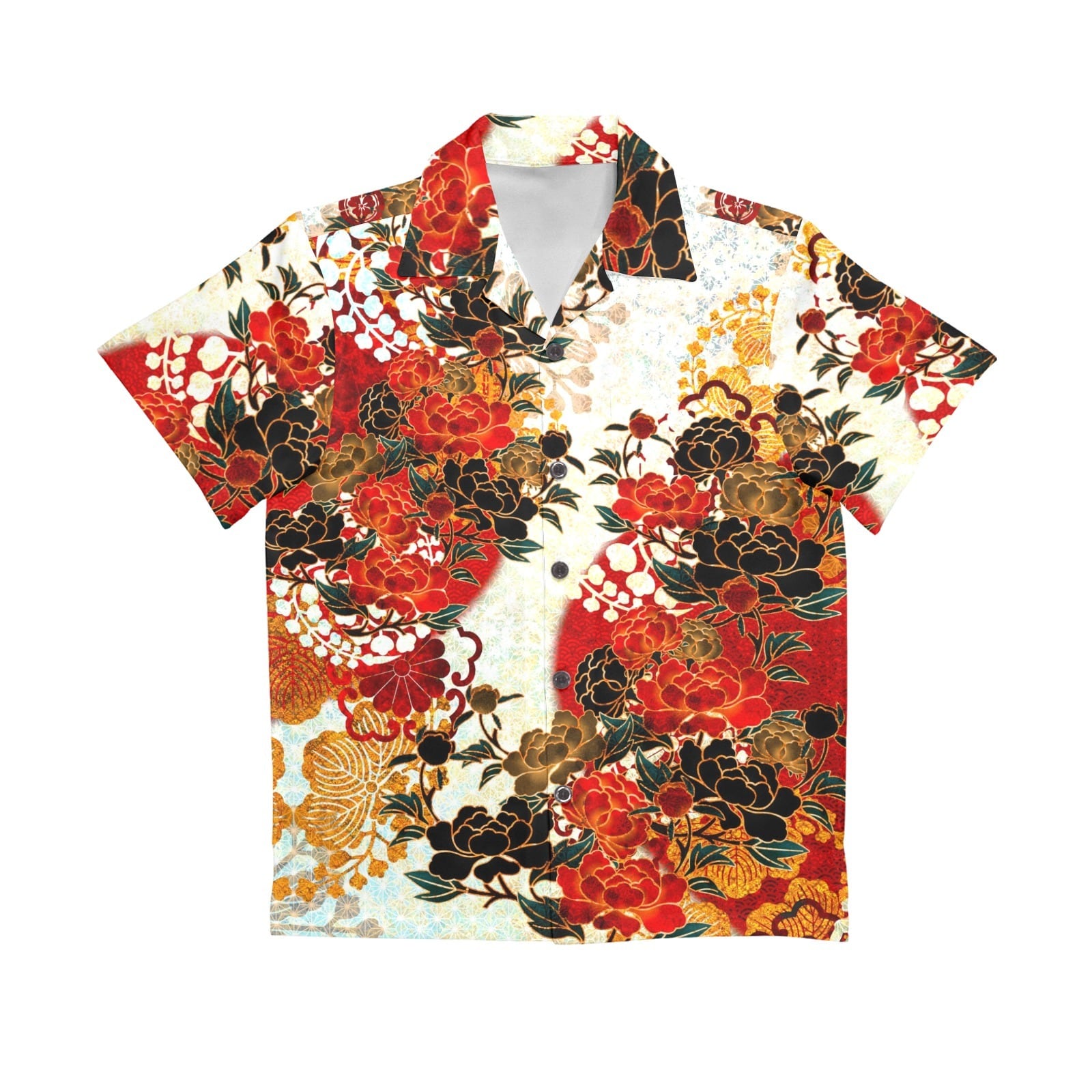 和紋様装飾　牡丹　紅白　キッズアロハシャツ