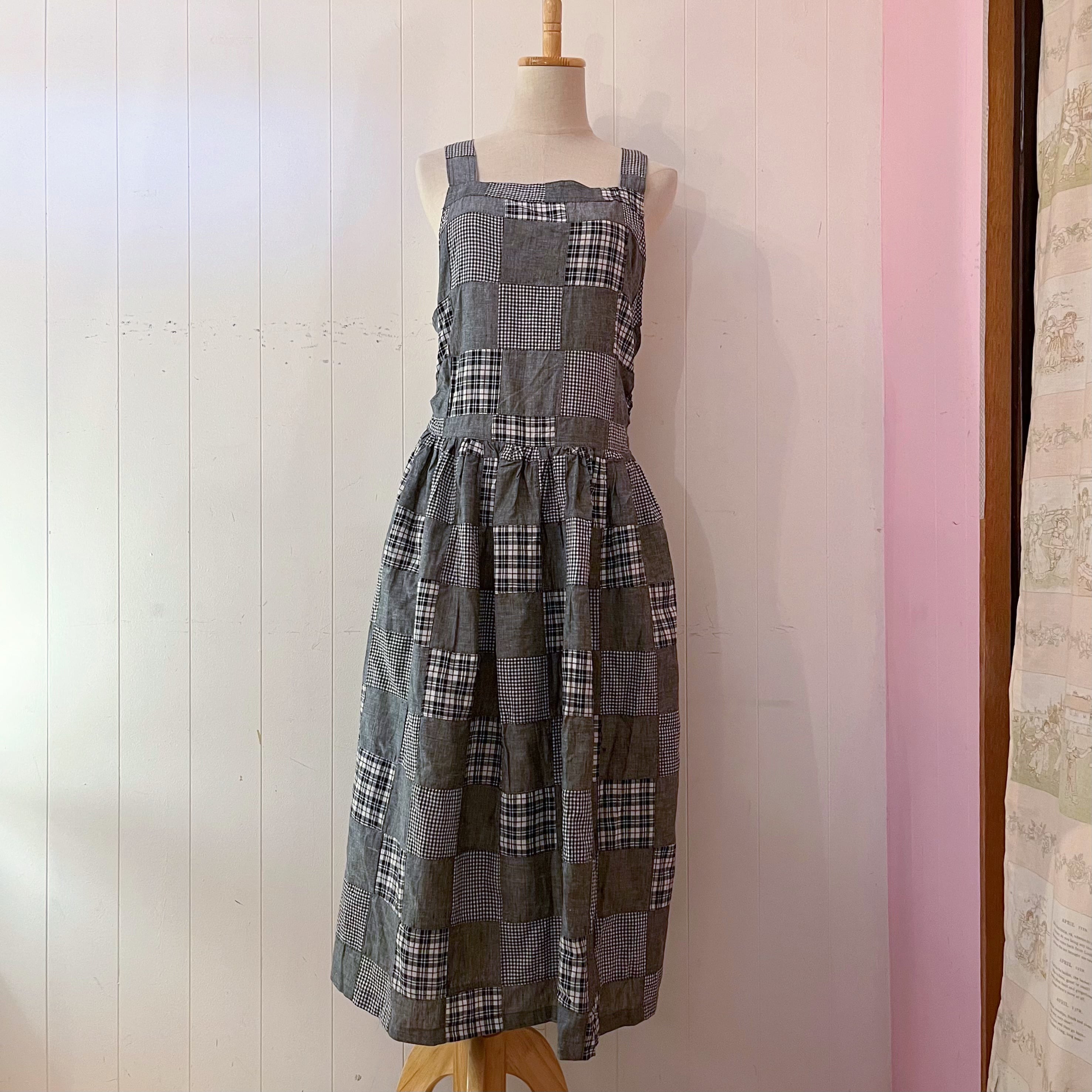patchwork check apron one-piece