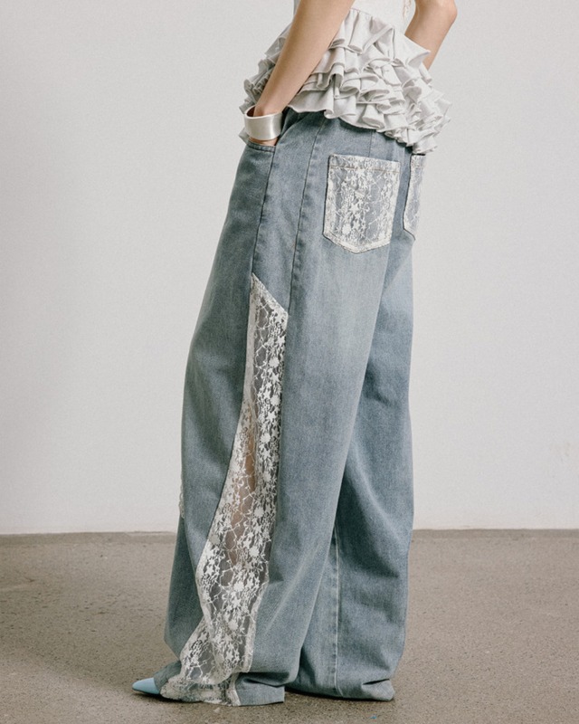 レースパッチワークデザインワイドデニムパンツ　3316