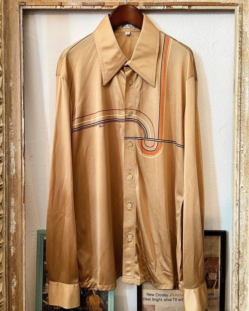 70's "Roland" art design bronze colour satin shirts 【L】