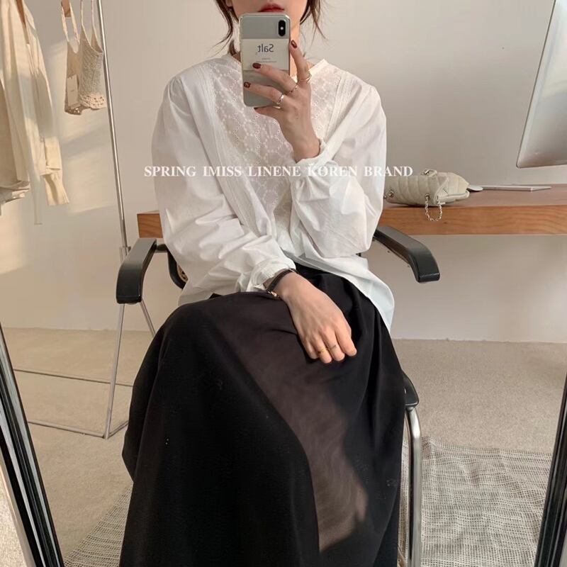 刺繍レースラウンドネックシャツ スタンダードトップス スプリング レトロ 春物 Oネック ビッグFスモールZ韓国90965536064