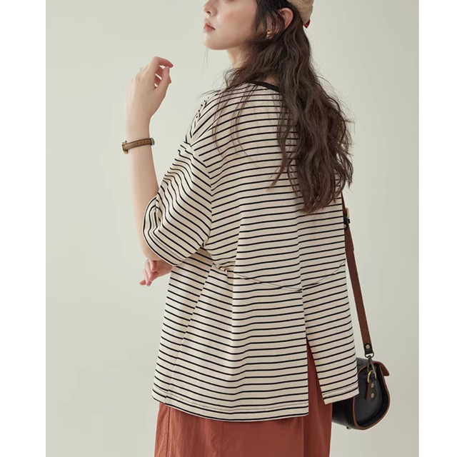 ボーダーバックスリットTシャツ　0106