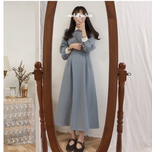 冬服 韓国 レディース レトロ フレア ワンピース レディース 秋 冬 服 ロング 丈 長袖 韓国 ファッション かわいい ブラウス 制服 学生 Basecamp49