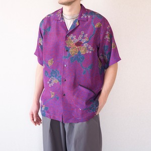 UMUI シルクシャツ　Japan batikフラワー+ペイズリー　メンズM　エアリーシルクシャツ　着物アップサイクル