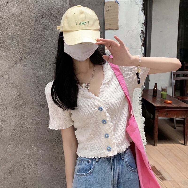 ショートトップス サマー薄手スリムVネックセーター 夏物 YY-ファッション71592338881