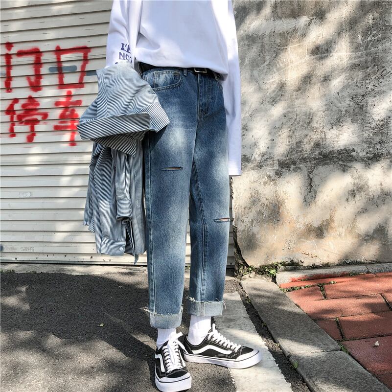 全1色 デニム パンツ ストレート カジュアル ワイド クラッシュ