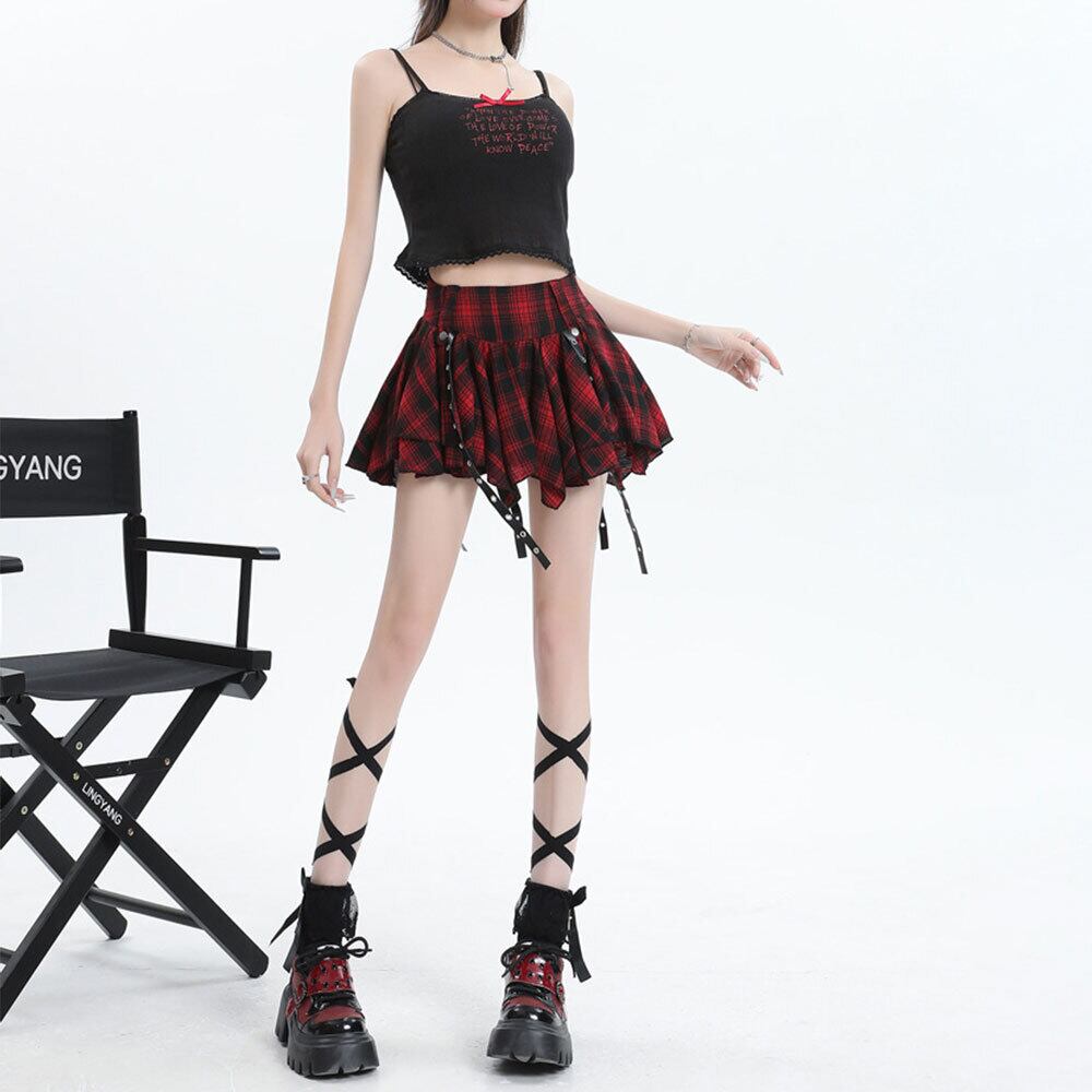 【送料無料】 チェック柄 ミニスカート アシンメトリー レディース 春夏 韓国 原宿系 ストリート アメカジ 大人 カジュアル かわいい ロック パンク Y2K 裏地付き 大人可愛い 大人女子