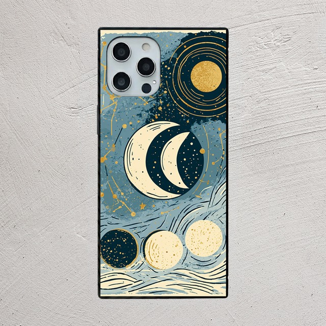 受注生産 iPhoneケース 白い三日月と金色太陽の夜空柄｜天体図風 STAR037B