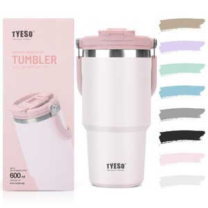 【在庫のみ】TYESO タンブラー ストロー付き 600ml 水筒 保冷保温 大容量 ステンレスボトル 蓋付き こぼれない ウォーターボトル 持ち運び 取っ手付 真空断熱 二重構造 広口 直飲み 漏れない アウトドア おしゃれ サクラピンク KT01-01022-202
