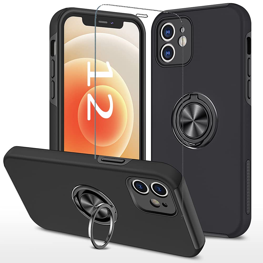Cakublse iPhone 12 用 ケース +强化ガラスフィルム スタンド機能 耐衝撃 リング付き ブラック