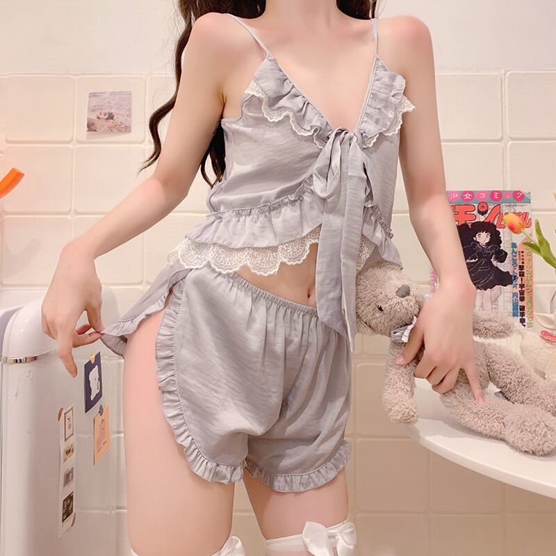 Vネックレースリボンレディースサマーショーツ 夏物 ブルマー 萌量不足15110382188