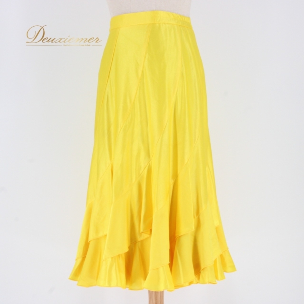 社交ダンス 衣装 スタンダード スカート レッスンウェア レディース Fashionα ファッション アルファ 無地 フリル 練習着 シンプル 鮮やかイエロー 光沢感 滑らか 68.5cm ウエスト29cm 伸縮性 ポリエステル レーヨン