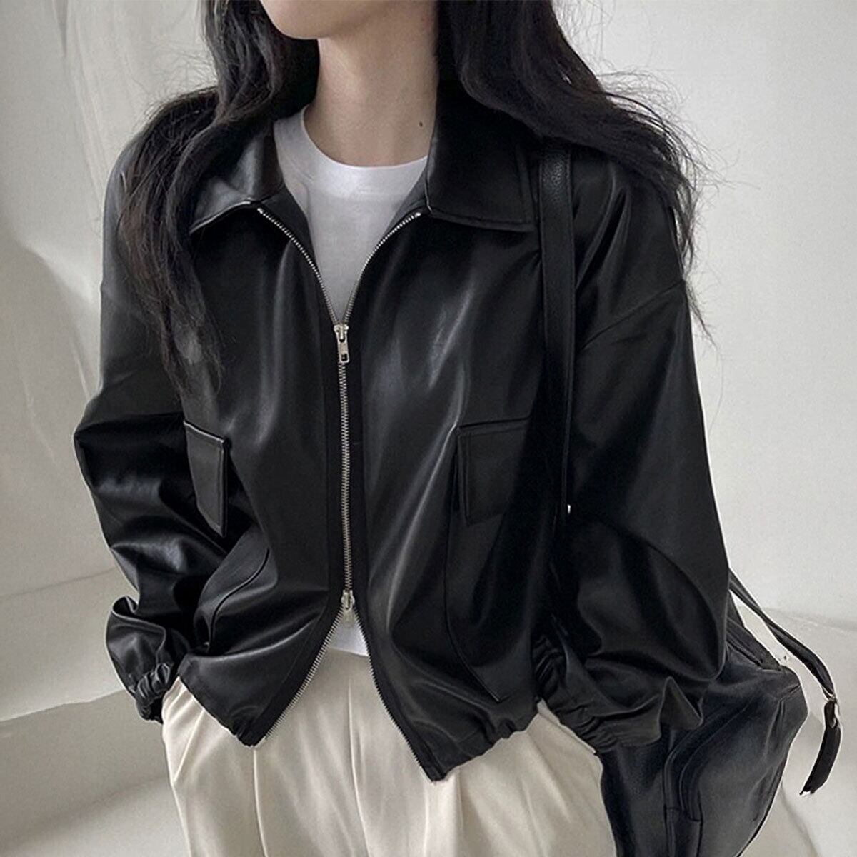 レザー ジャケット ライダース レディース 春秋冬 韓国 アウター 大人 カジュアル ストリート 原宿系 ダブルジップ PUレザー スタジャン ブルゾン ゆったり 体型カバー 大人可愛い 大人女子