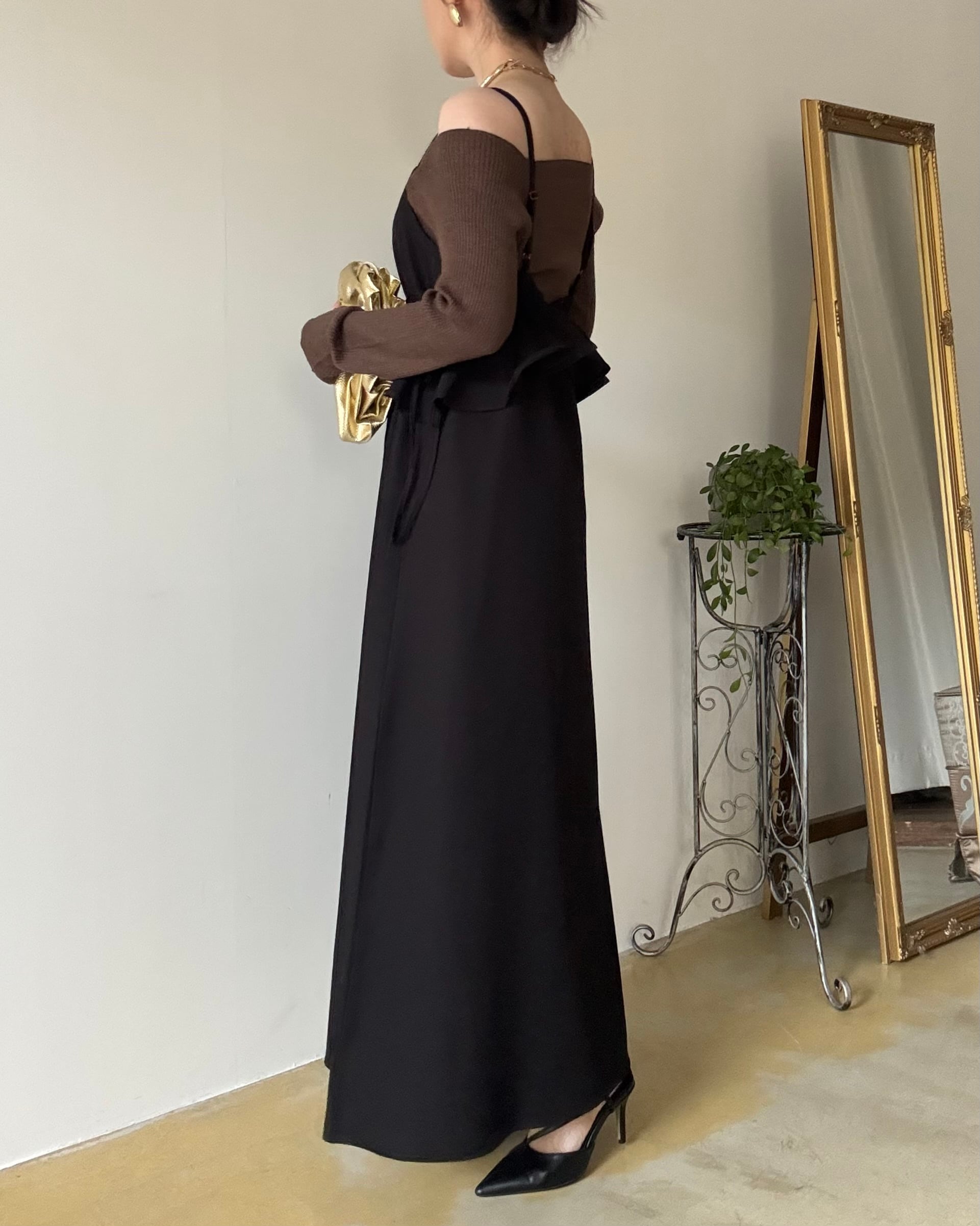 ペプラムリボンワンピース ペプラムリボン紐キャミワンピース【ブラック】 | eeny