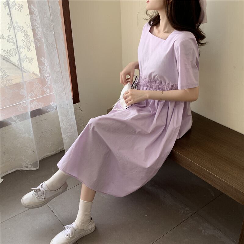 バックリボン バイカラー ロングワンピース シャーリングカラー