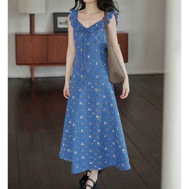 french style small sleeveless blue dress