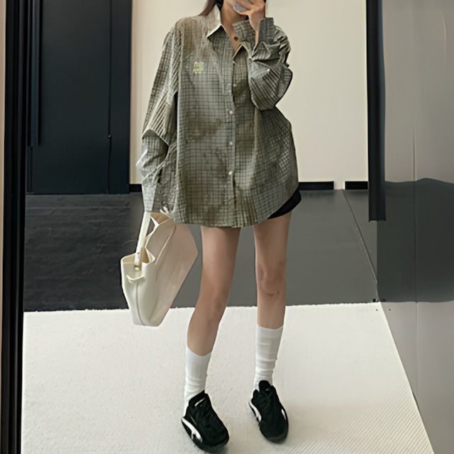 grunge-style color checkered pattern shirt　グランジカラーチェック柄シャツ　J2114