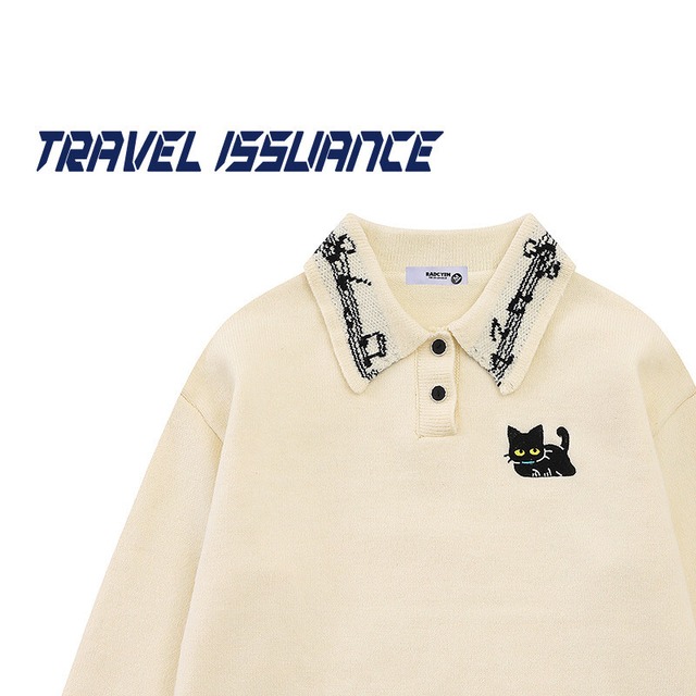 【TRAVEL ISSUANCEシリーズ】★セーター★ 2color ニットトップス ユニセックス 猫 猫柄 音楽 刺繍 POLOネック