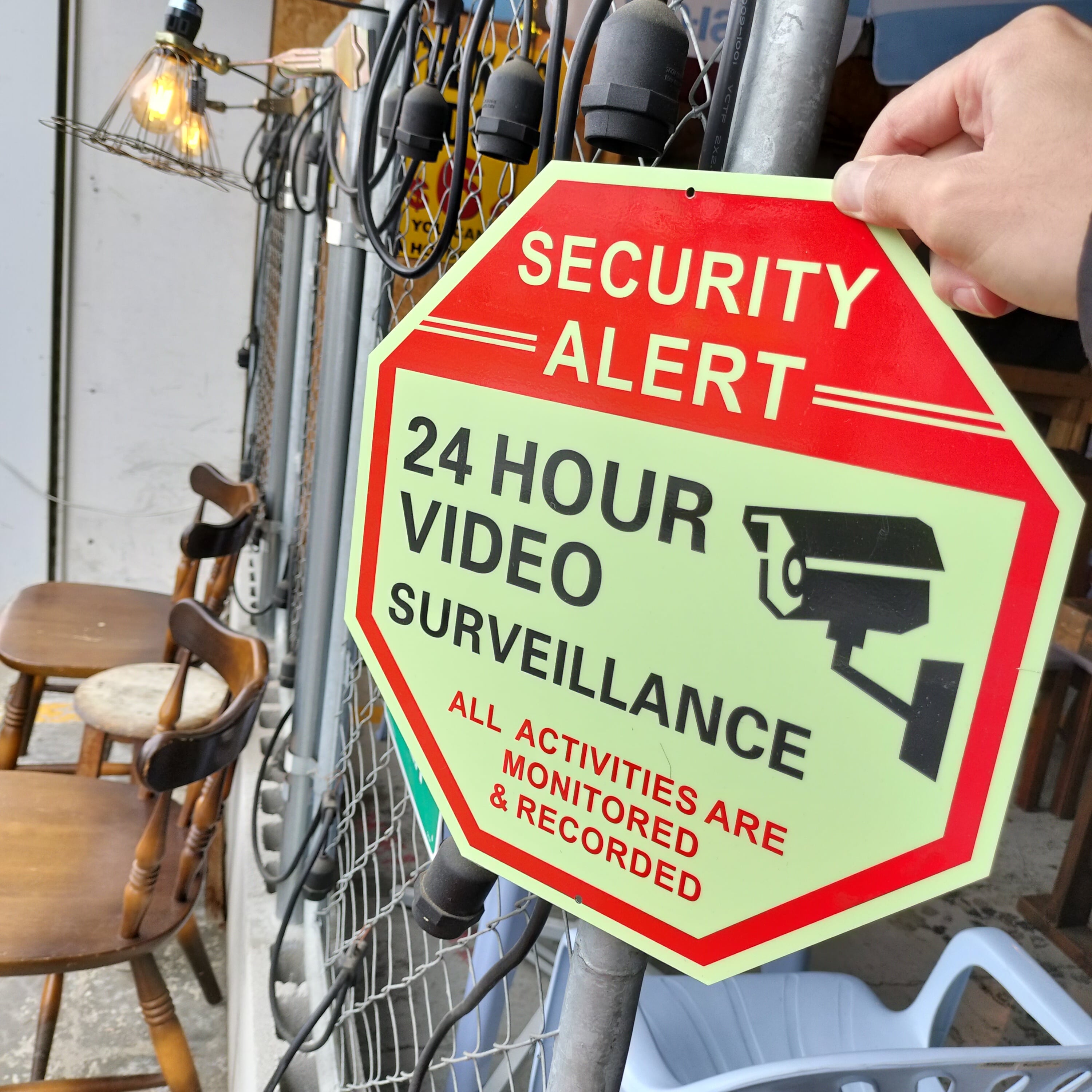 US セキュリティサイン◇監視中 オクタゴン◇蓄光 看板 ブリキ