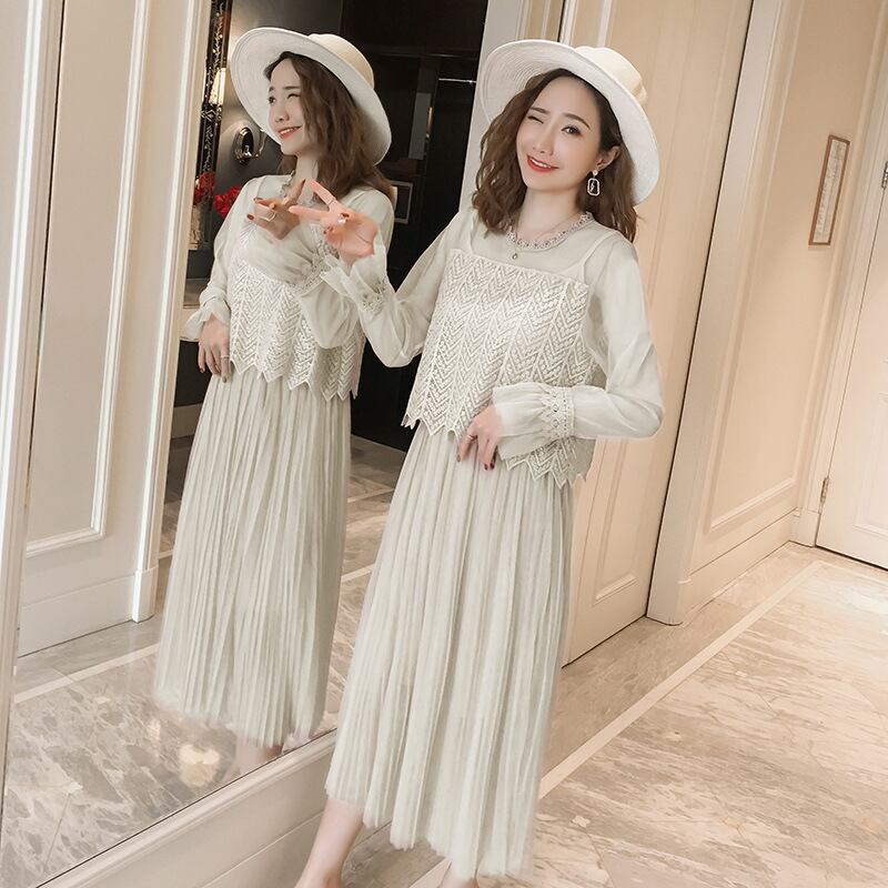 【新作】【送料無料】 新しいファッションメッシュステッチレースカラールーズプラスサイズのマタニティドレスのマタニティドレス2019春バージョン-アリババ 大きめサイズ スプリング 春物 expec25189701247